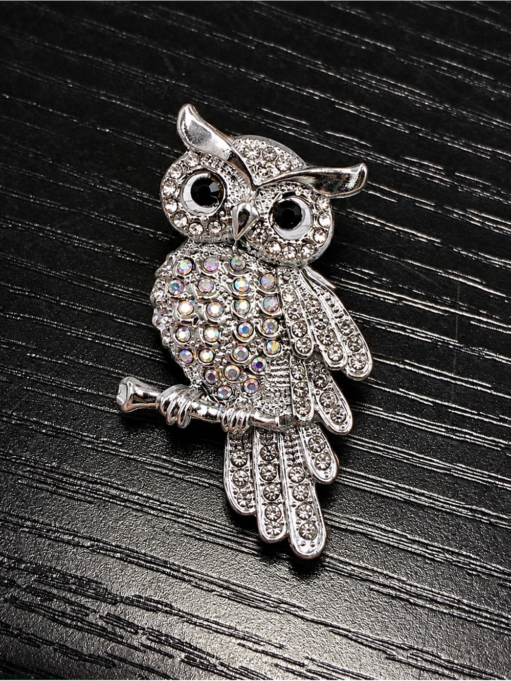 Silver Owl Brooch Pin Rhinestone Crystal Black Eye Bird Statement Jewelry